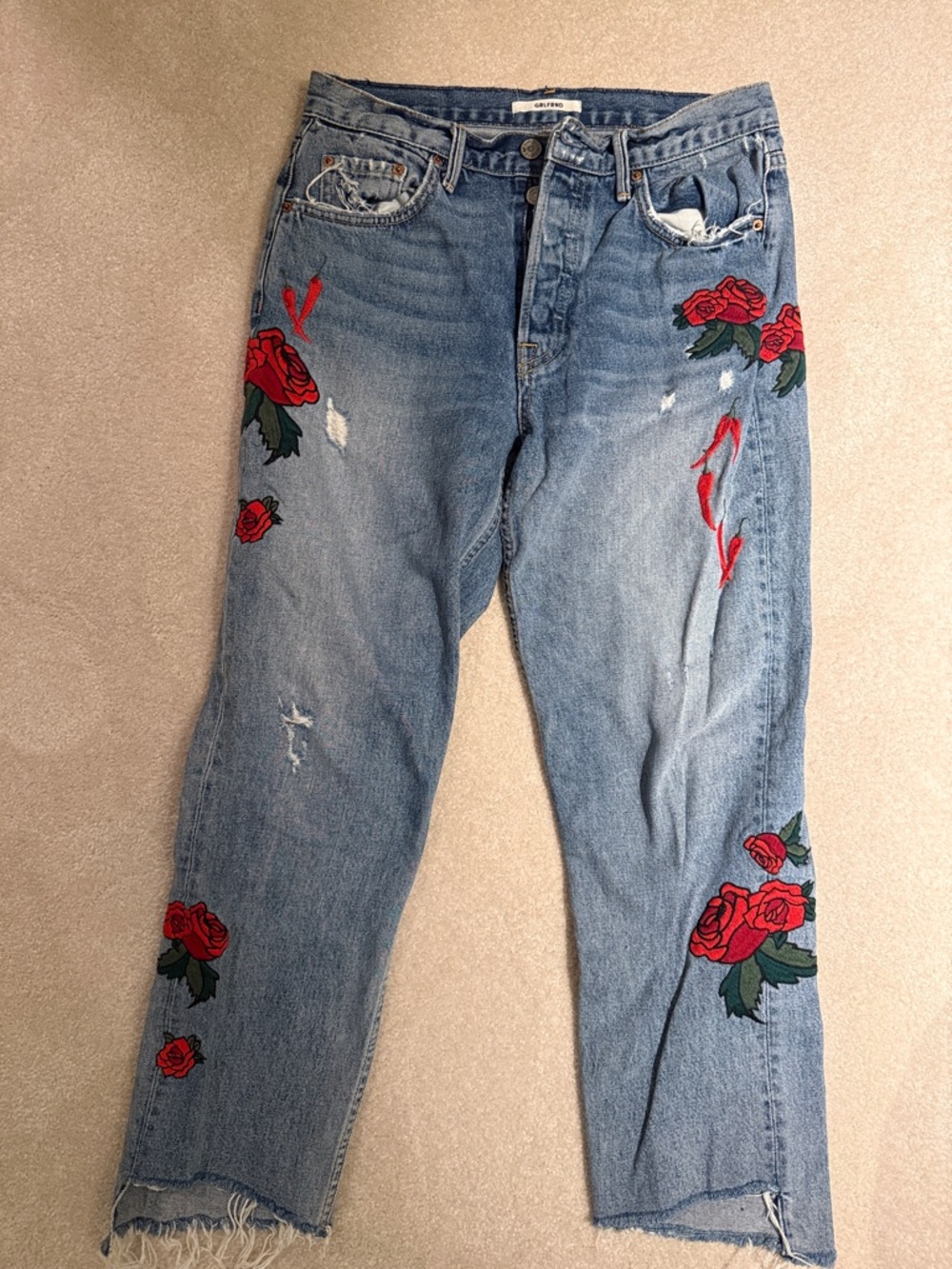 GRLFRND Light Blue Distressed Jeans with Red Rose & Chili Peppers Embroidery